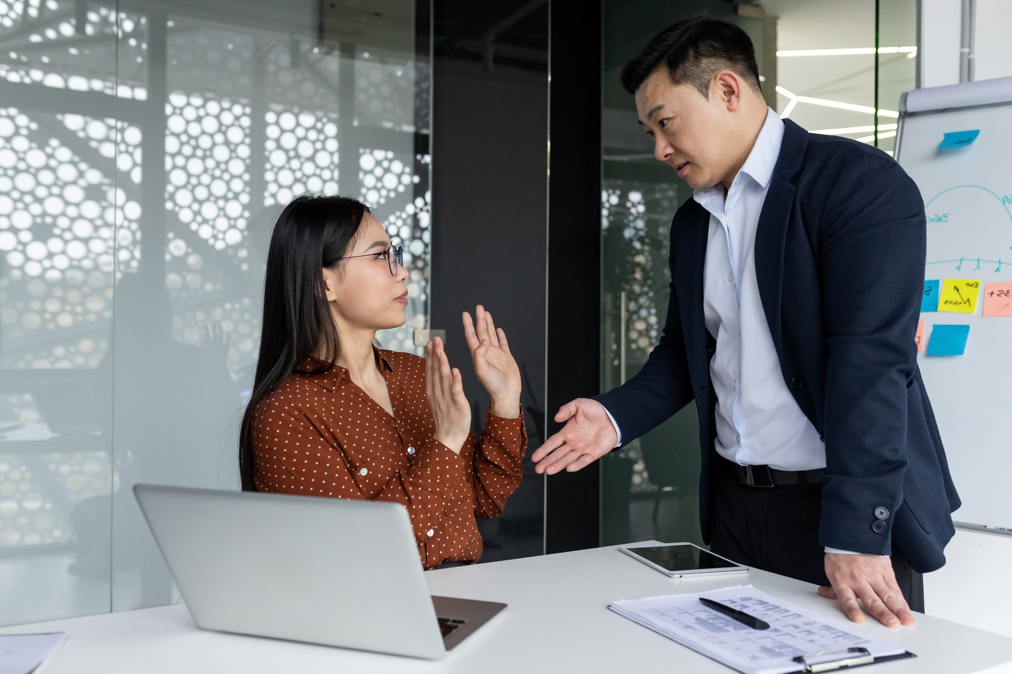 Sexual Harassment in the Workplace Asian Male Boss Harassing and Molesting a Female Subordinate
